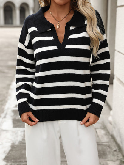 Striped Johnny Collar Long Sleeve Sweater-Angel Casuals