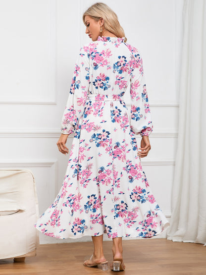 Floral Tie Front Balloon Sleeve Dress-Angel Casuals