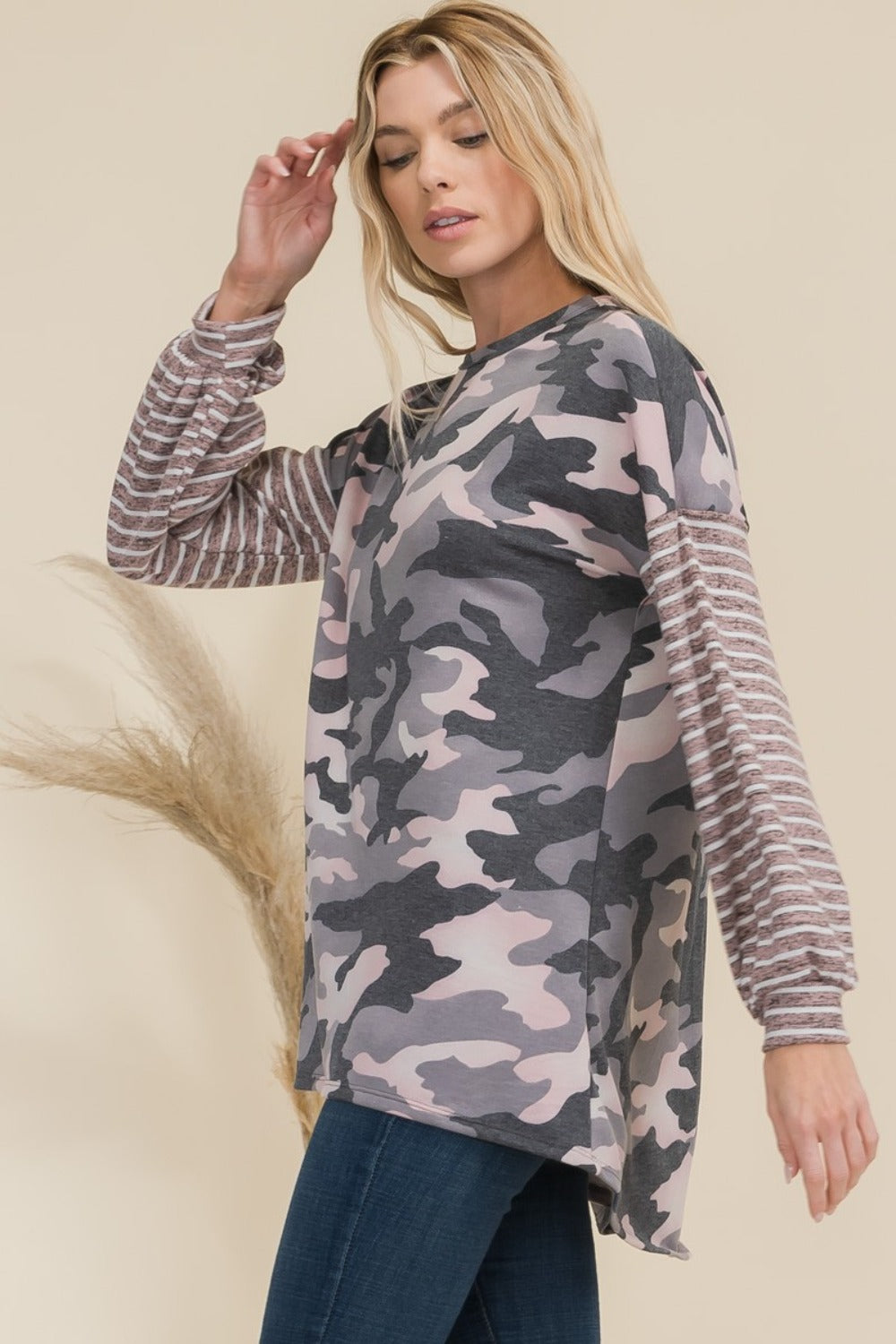 Celeste Full Size Camo Print High-Low T-Shirt with Stripe Sleeves-Angel Casuals