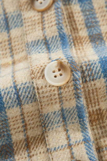 Drawstring Waffle Knit Patchwork Hooded Plaid Shacket-Angel Casuals
