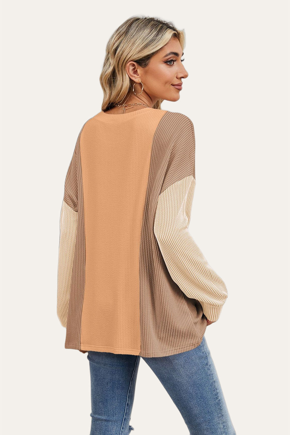Double Take Texture Contrast Round Neck Long Sleeve T-Shirt-Angel Casuals