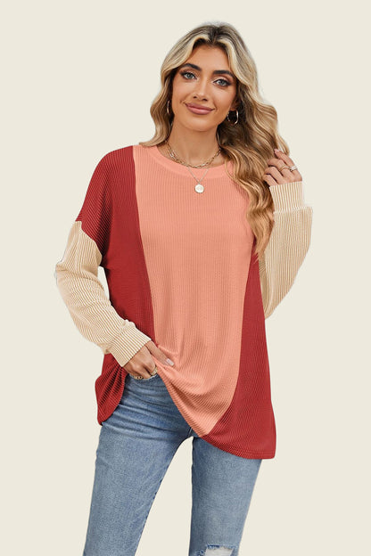 Double Take Texture Contrast Round Neck Long Sleeve T-Shirt-Angel Casuals