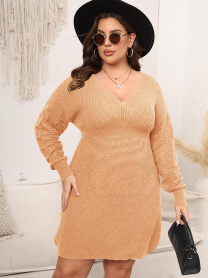 Plus Size Dropped Shoulder Long Sleeve Knit Mini Dress-Angel Casuals