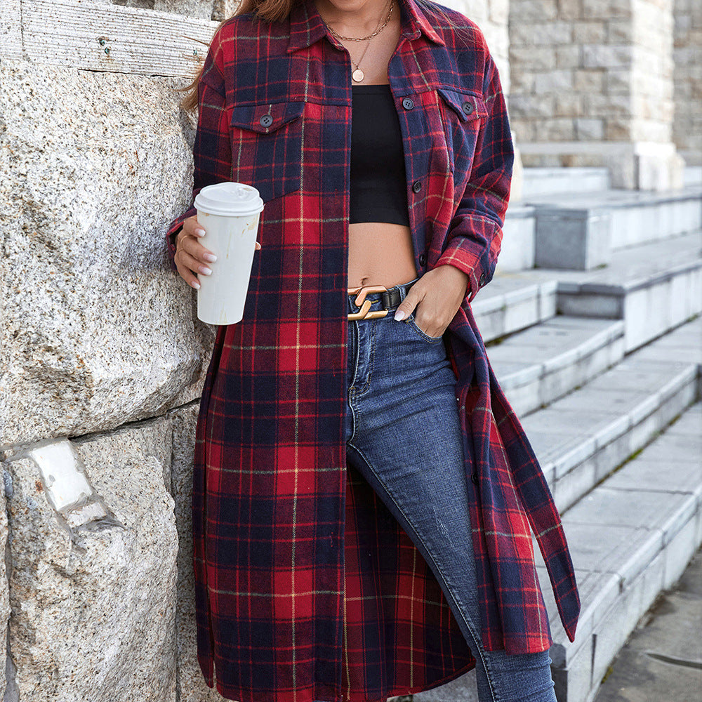 Plaid Belted Button Down Longline Shirt Jacket-Angel Casuals