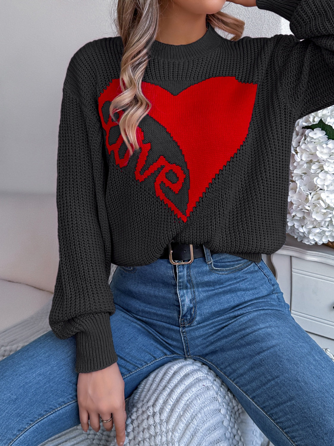 LOVE Heart Round Neck Dropped Shoulder Sweater-Angel Casuals