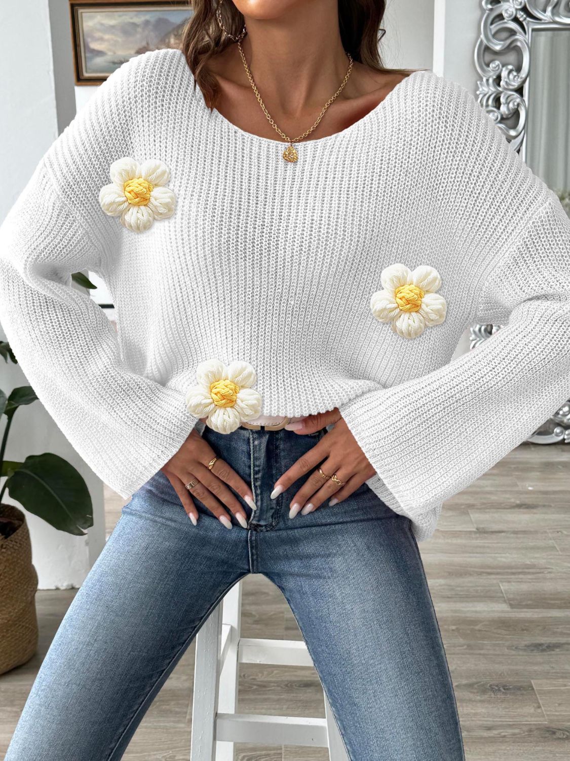 Flower Round Neck Long Sleeve Sweater-Angel Casuals