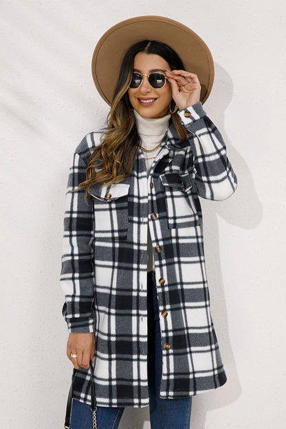 Shiny Plaid Collared Longline Coat-Angel Casuals