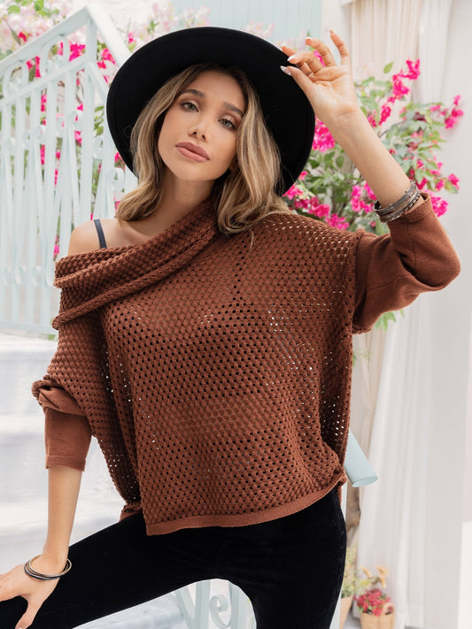 Openwork Mock Neck Dropped Shoulder Sweater-Angel Casuals