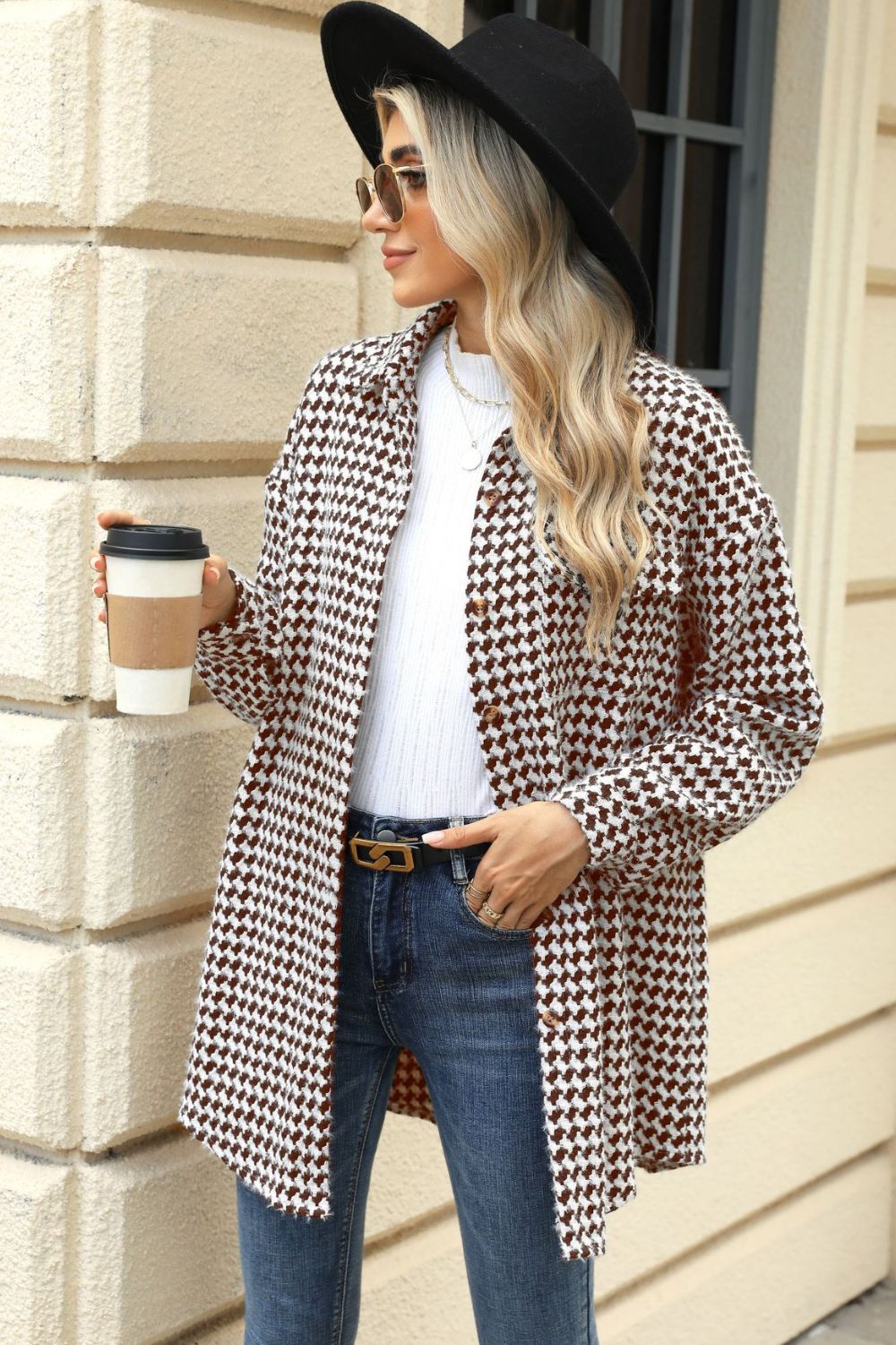 Houndstooth Button Up Dropped Shoulder Coat-Angel Casuals