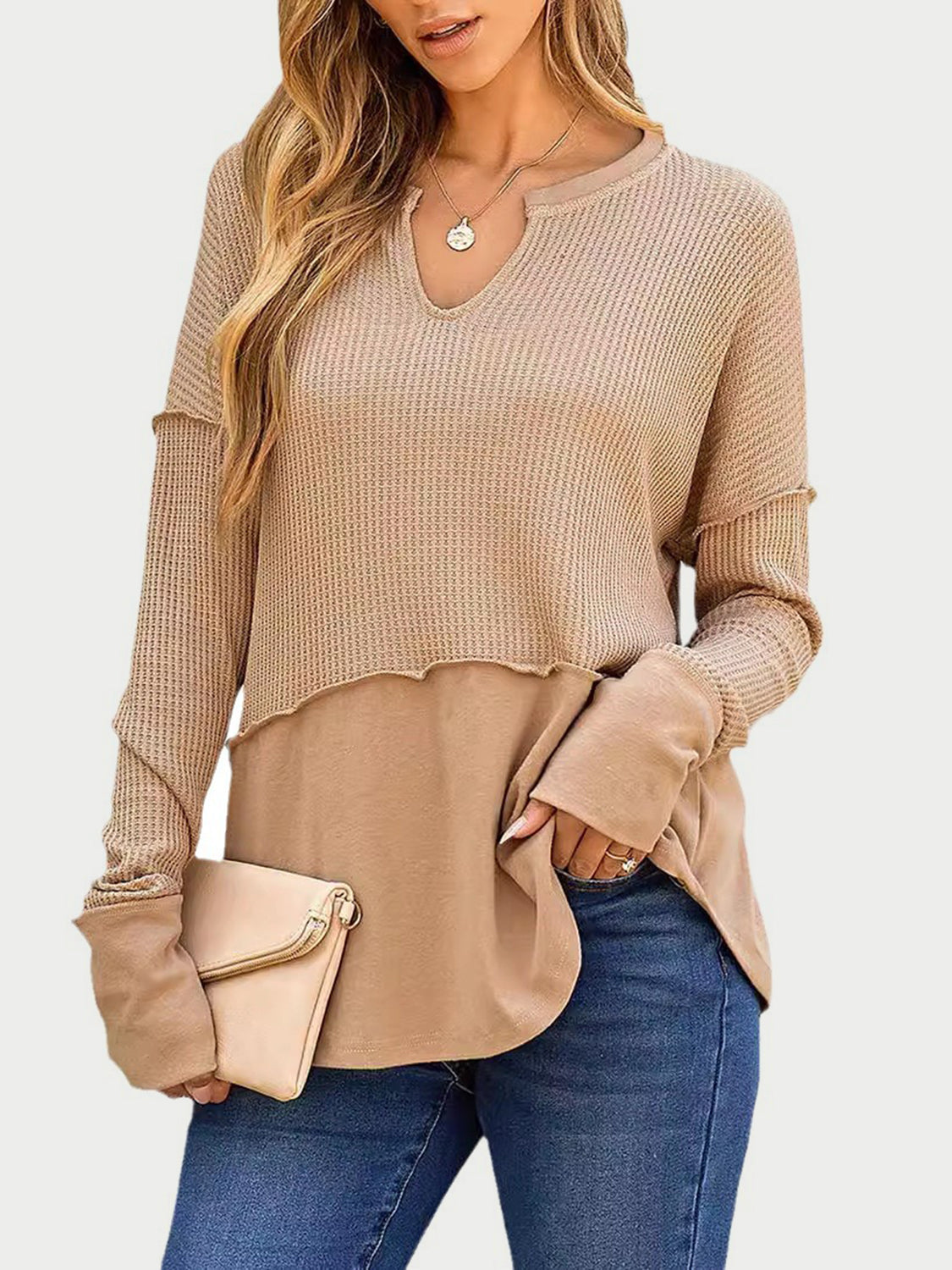 Waffle-Knit Notched Long Sleeve T-Shirt-Angel Casuals