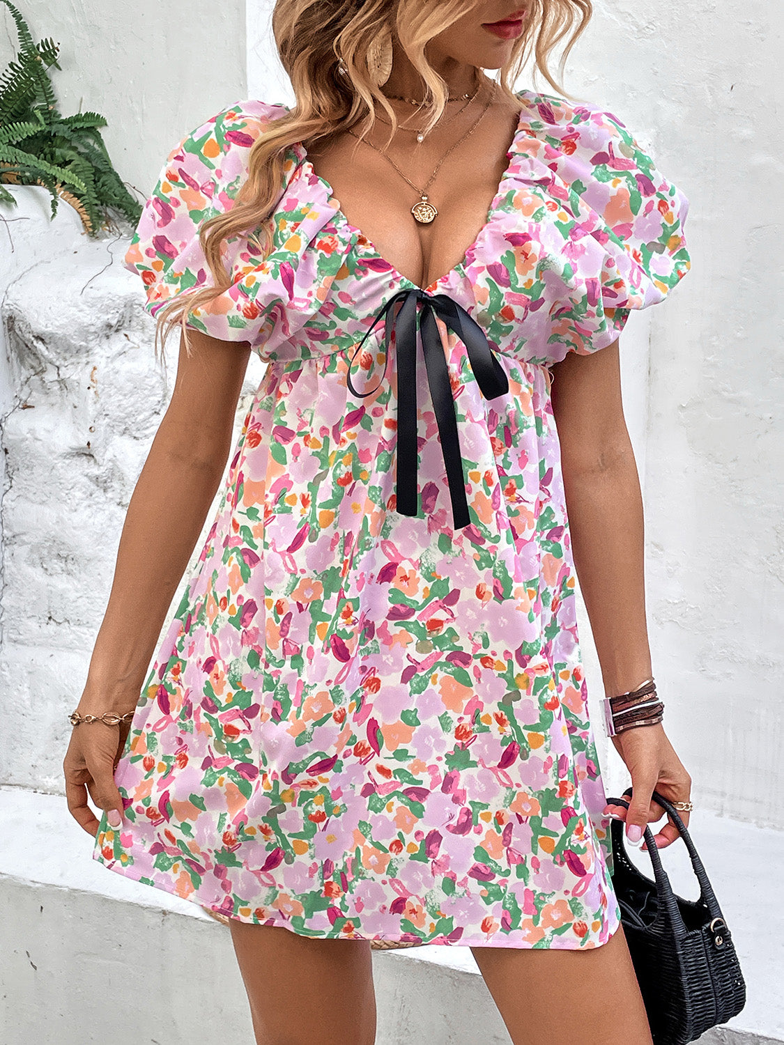 Printed V-Neck Puff Sleeve Mini Dress-Angel Casuals