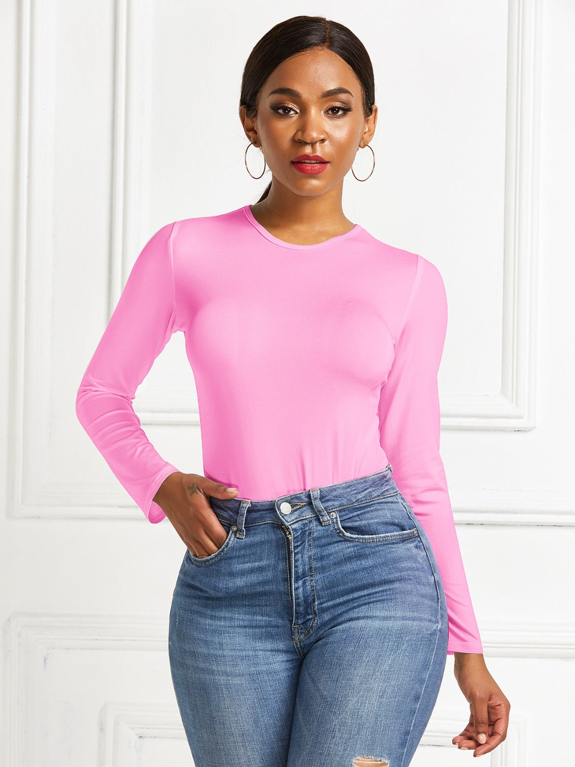 Round Neck Long Sleeve Bodysuit-Angel Casuals