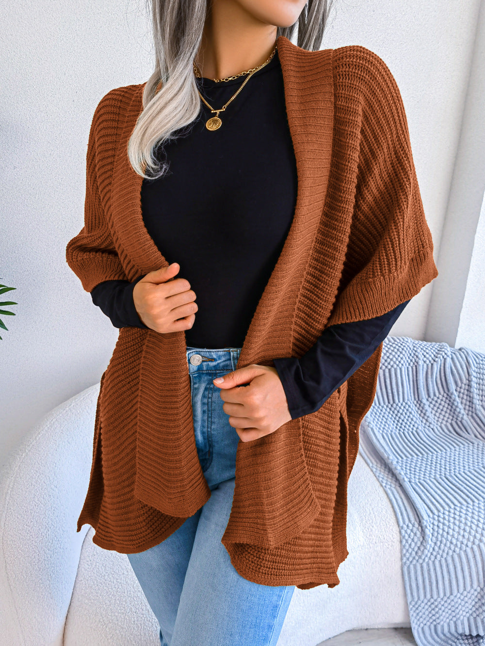 Horizontal Ribbing Open Front Slit Cardigan-Angel Casuals