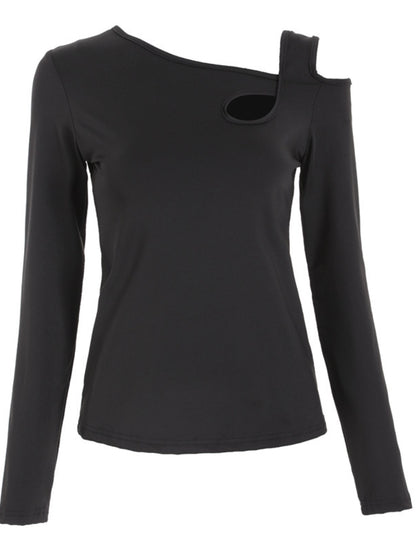 Cutout Asymmetrical Neck Long Sleeve T-Shirt-Angel Casuals