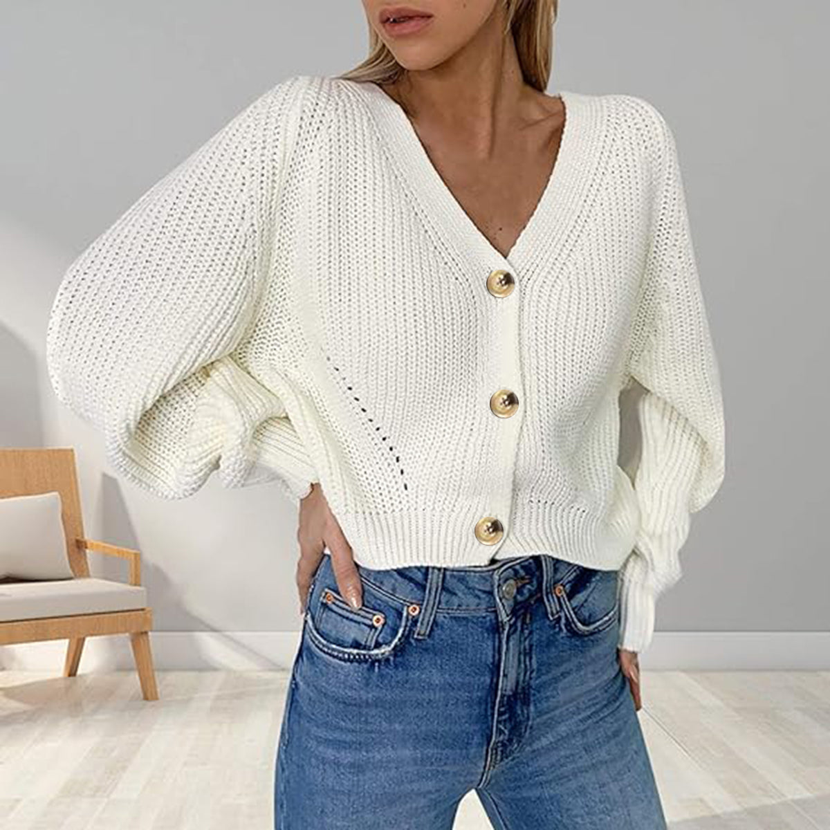 Button Up V-Neck Long Sleeve Cardigan-Angel Casuals