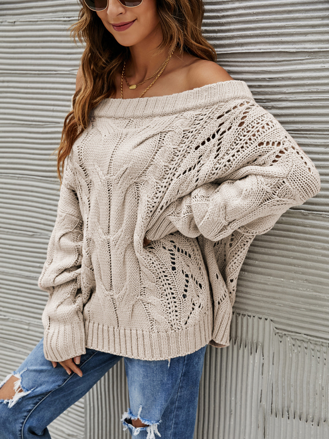 Cable Knit Openwork Off-Shoulder Sweater-Angel Casuals