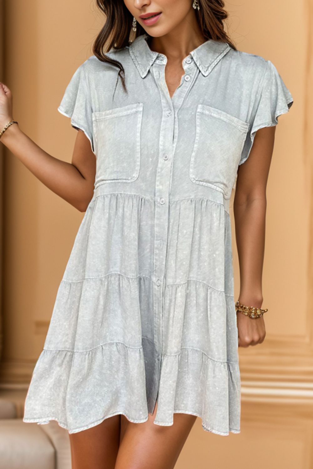 Button Up Cap Sleeve Denim Dress-Angel Casuals