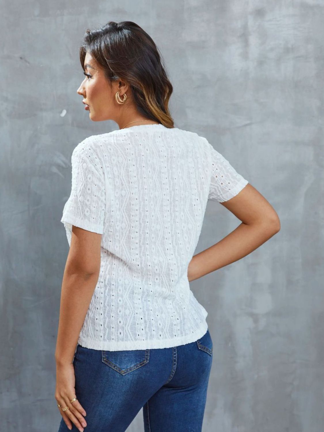 Openwork Short Sleeve Round Neck Top-Angel Casuals