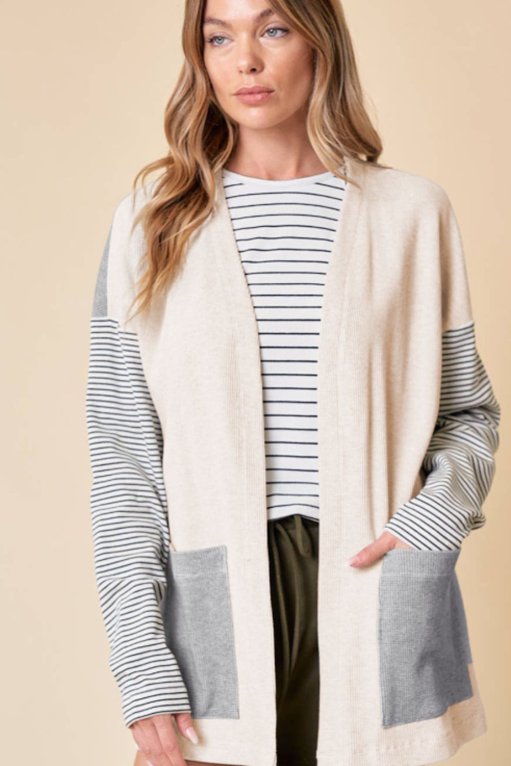 Open Front Long Sleeve Striped Cardigan with Pockets-Angel Casuals