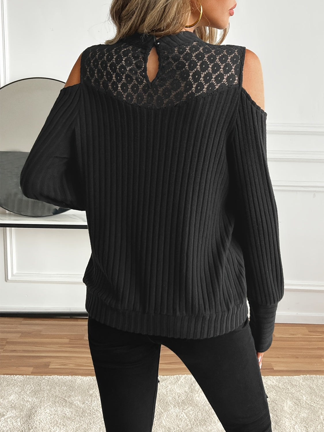 Lace Detail Mock Neck Cold Shoulder T-Shirt-Angel Casuals