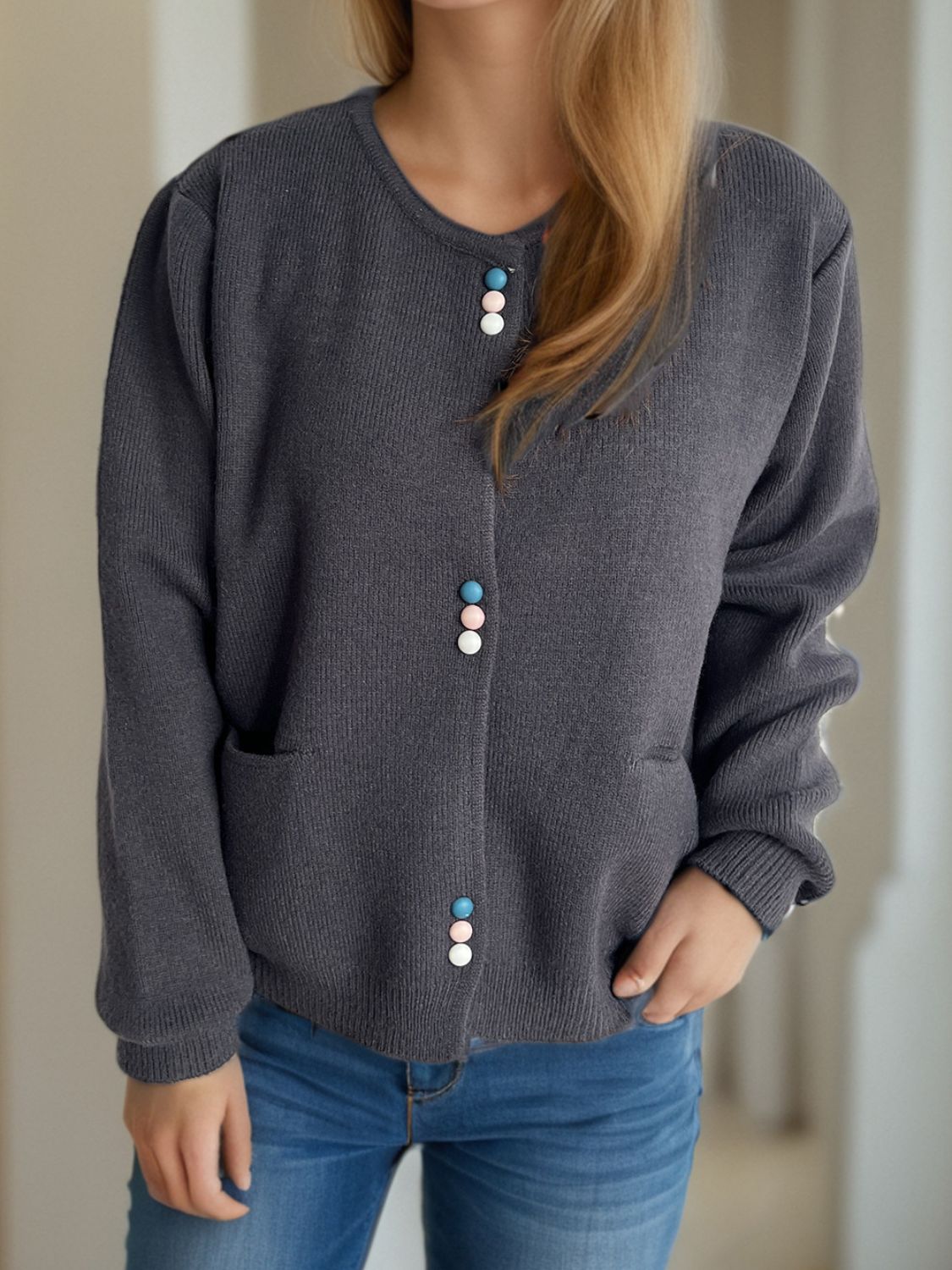 Button Down Long Sleeve Cardigan with Pockets-Angel Casuals