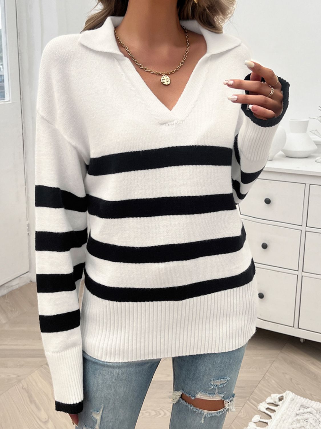 Devine Striped Collared Neck Long Sleeve Sweater-Angel Casuals
