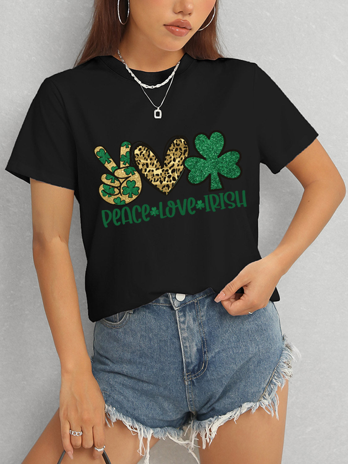 PEACE LOVE IRISH Round Neck Short Sleeve T-Shirt-Angel Casuals
