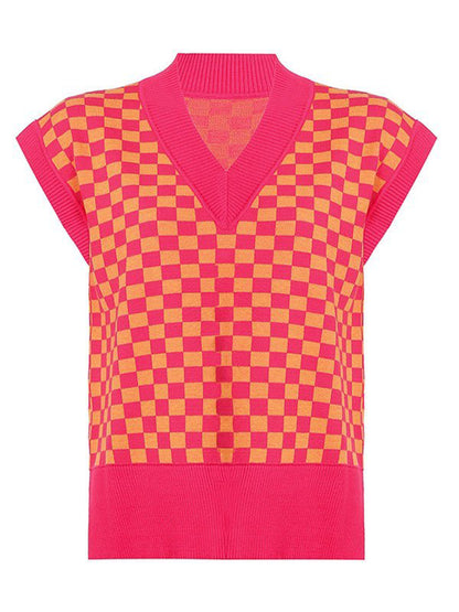 Full Size Checkered V-Neck Cap Sleeve Sweater-Angel Casuals