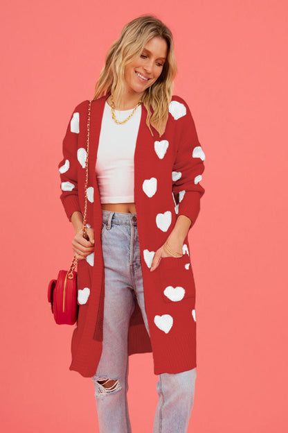 Heart Graphic Open Front Cardigan with Pockets-Angel Casuals