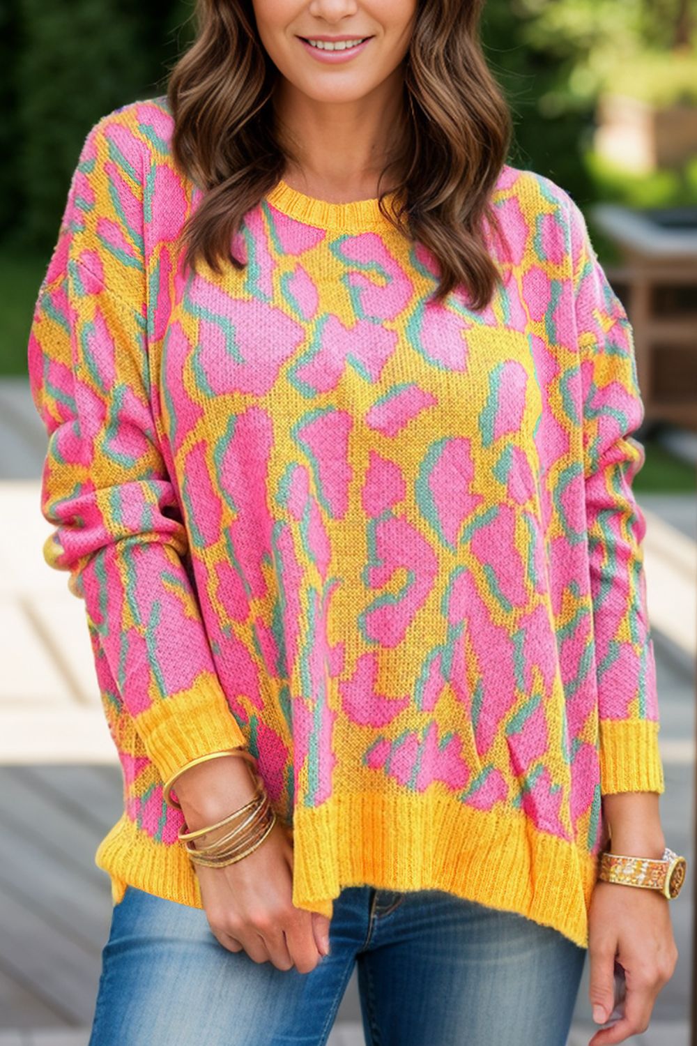 Contrast Round Neck Long Sleeve Sweater-Angel Casuals