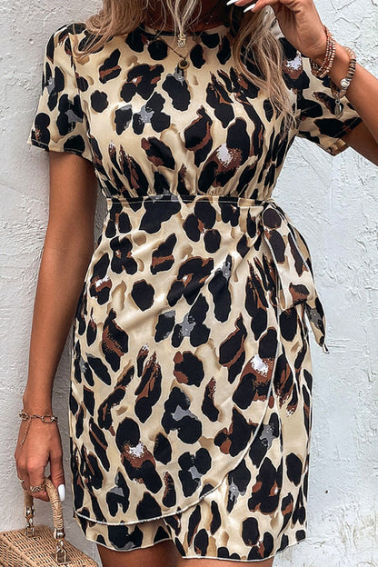 Animal Print Belted Keyhole Round Neck Dress-Angel Casuals