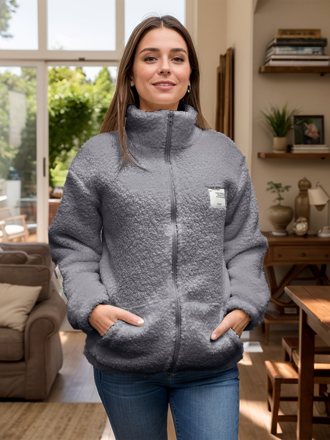 Full Size Turtleneck Zip Up Long Sleeve Sherpa Jacket-Angel Casuals