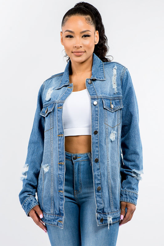 American Bazi Full Size Button Up Distressed Denim Jacket-Angel Casuals