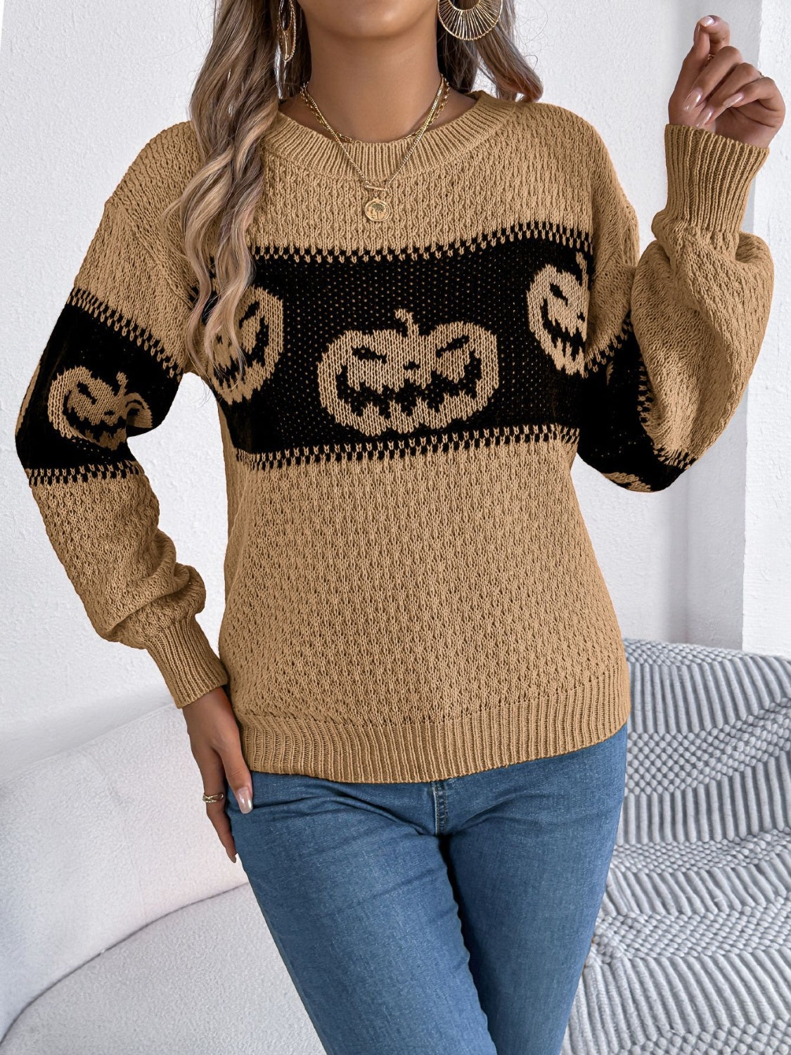 Pumpkin Round Neck Long Sleeve Sweater-Angel Casuals