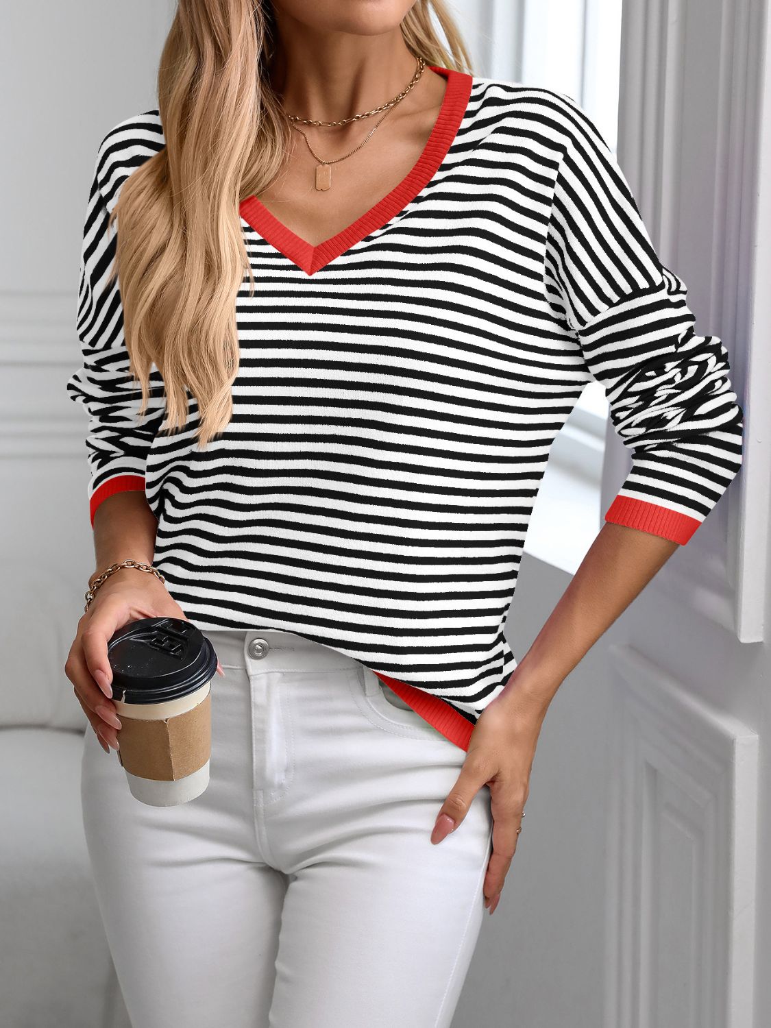 Contrast Trim Striped V-Neck Long Sleeve Knit Top-Angel Casuals