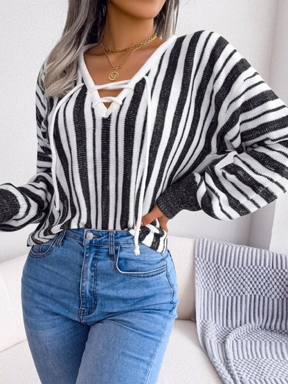 Striped Lace-Up Long Sleeve Sweater-Angel Casuals