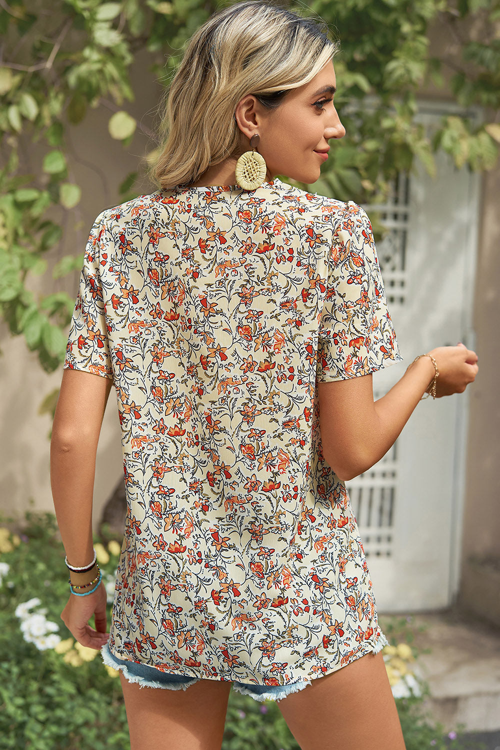 Floral V-Neck Short Sleeve T-Shirt-Angel Casuals
