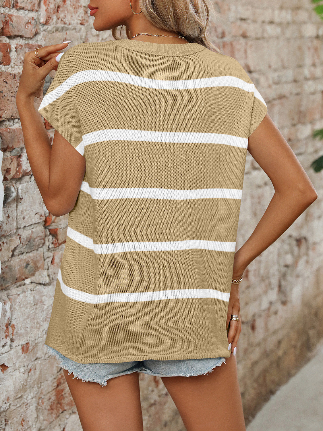 Mandy Striped Round Neck Short Sleeve Knit Top-Angel Casuals