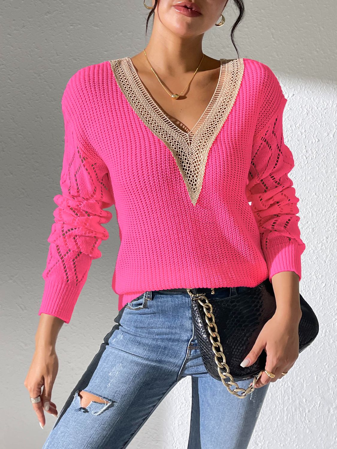 Openwork V-Neck Long Sleeve Sweater-Angel Casuals