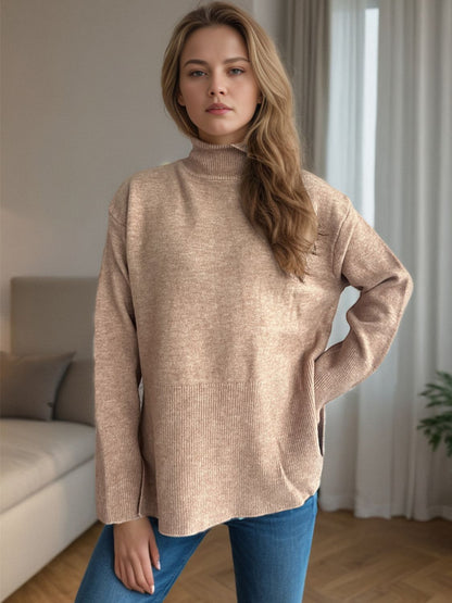 Side Slit Turtleneck Long Sleeve Sweater-Angel Casuals