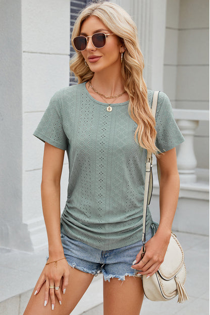 Eyelet Round Neck Short Sleeve T-Shirt-Angel Casuals