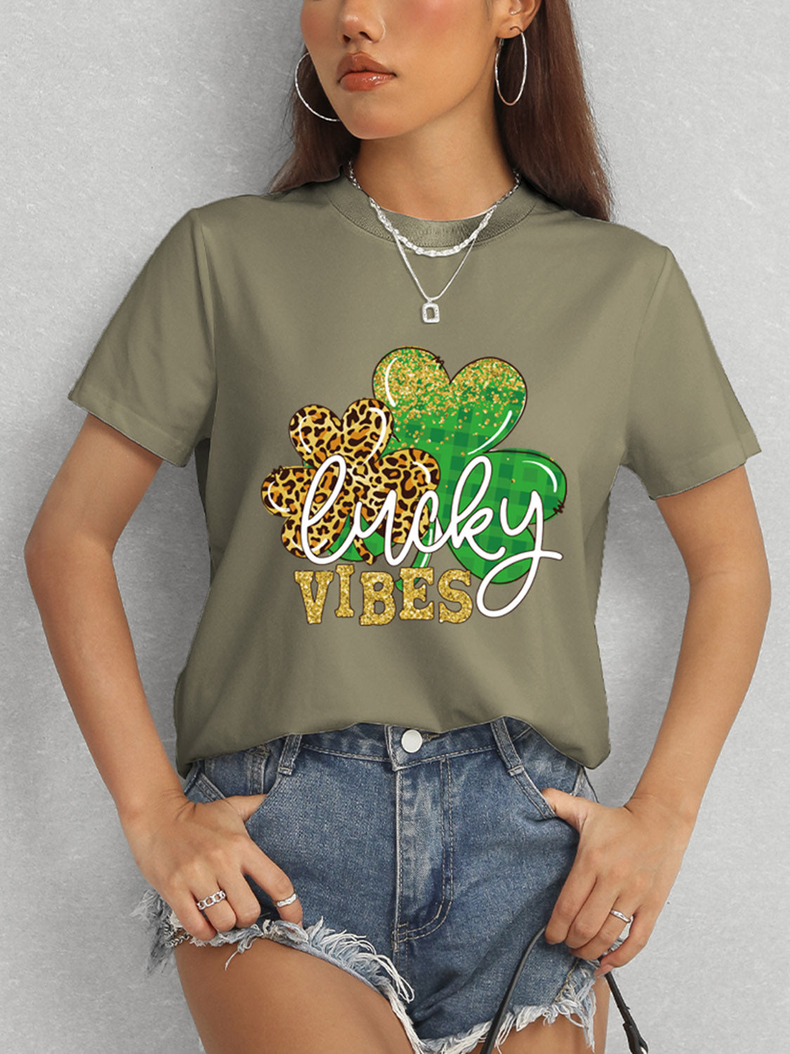 LUCKY VIBES Round Neck Short Sleeve T-Shirt-Angel Casuals