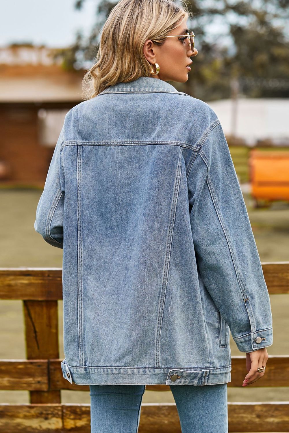 Buttoned Collared Neck Denim Jacket with Pockets-Angel Casuals