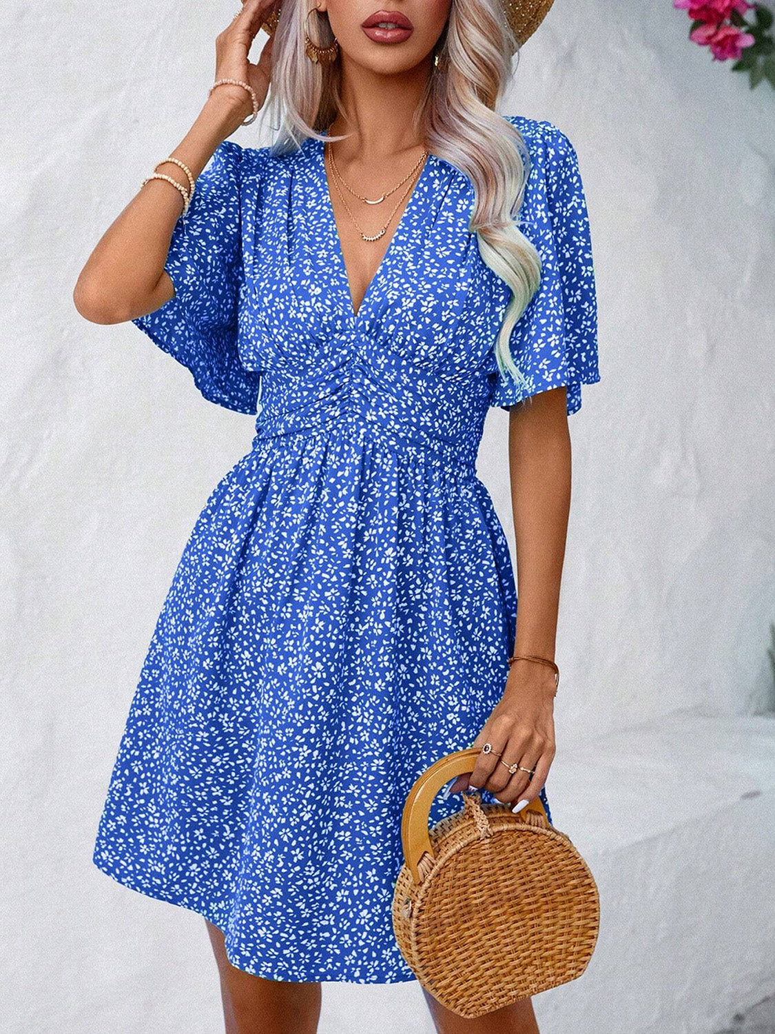 Printed V-Neck Half Sleeve Mini Dress-Angel Casuals