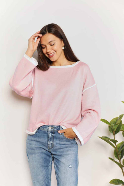 Angel Wings Contrast Detail Dropped Shoulder Knit Top-Angel Casuals