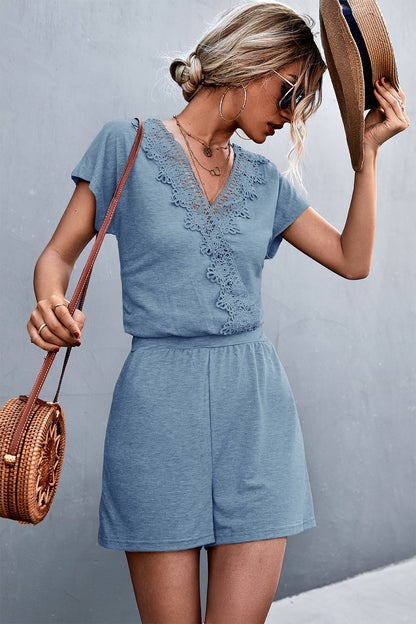 Lace Trim V-Neck Romper-Angel Casuals