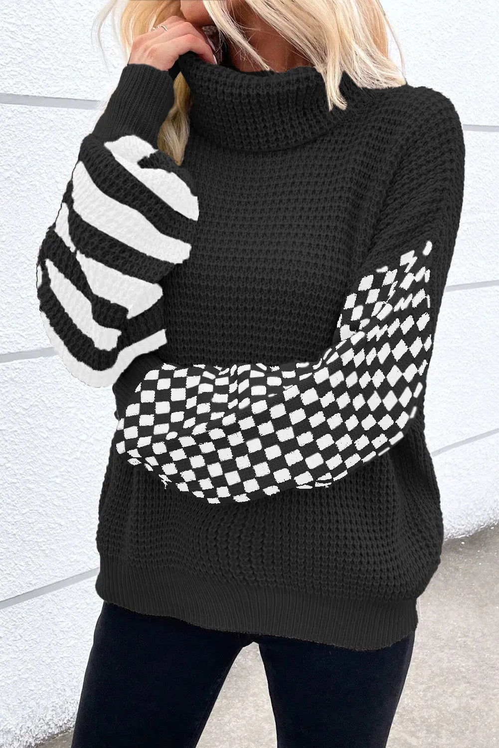 Checkered Striped Turtleneck Long Sleeve Sweater-Angel Casuals