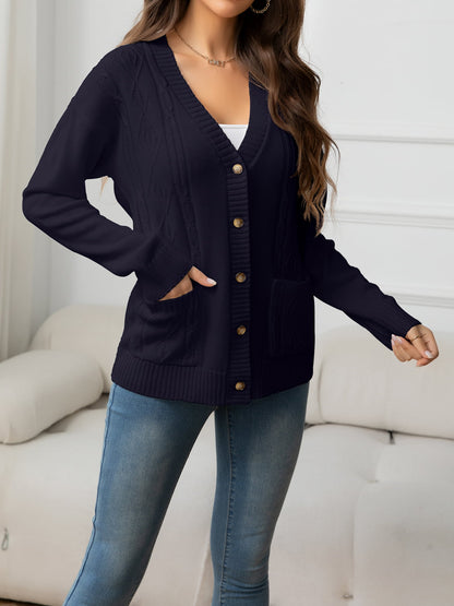 V-Neck Long Sleeve Buttoned Knit Top with Pocket-Angel Casuals