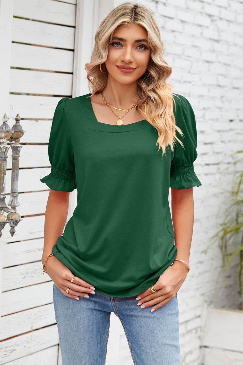 Smocked Square Neck Short Sleeve T-Shirt-Angel Casuals