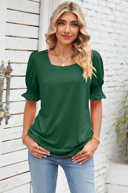 Smocked Square Neck Short Sleeve T-Shirt-Angel Casuals